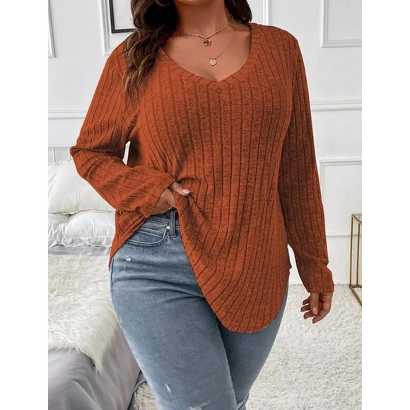 Women Plus Size Knit V Neck Sweater Lightweight Long Sleeve Fall Winter - Picture 3 of 4